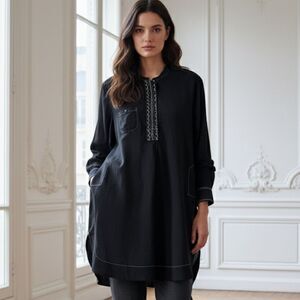 Nu Denmark Black Longline Oversized Tunic Blouse w/ White Contrast Stitch | S-L